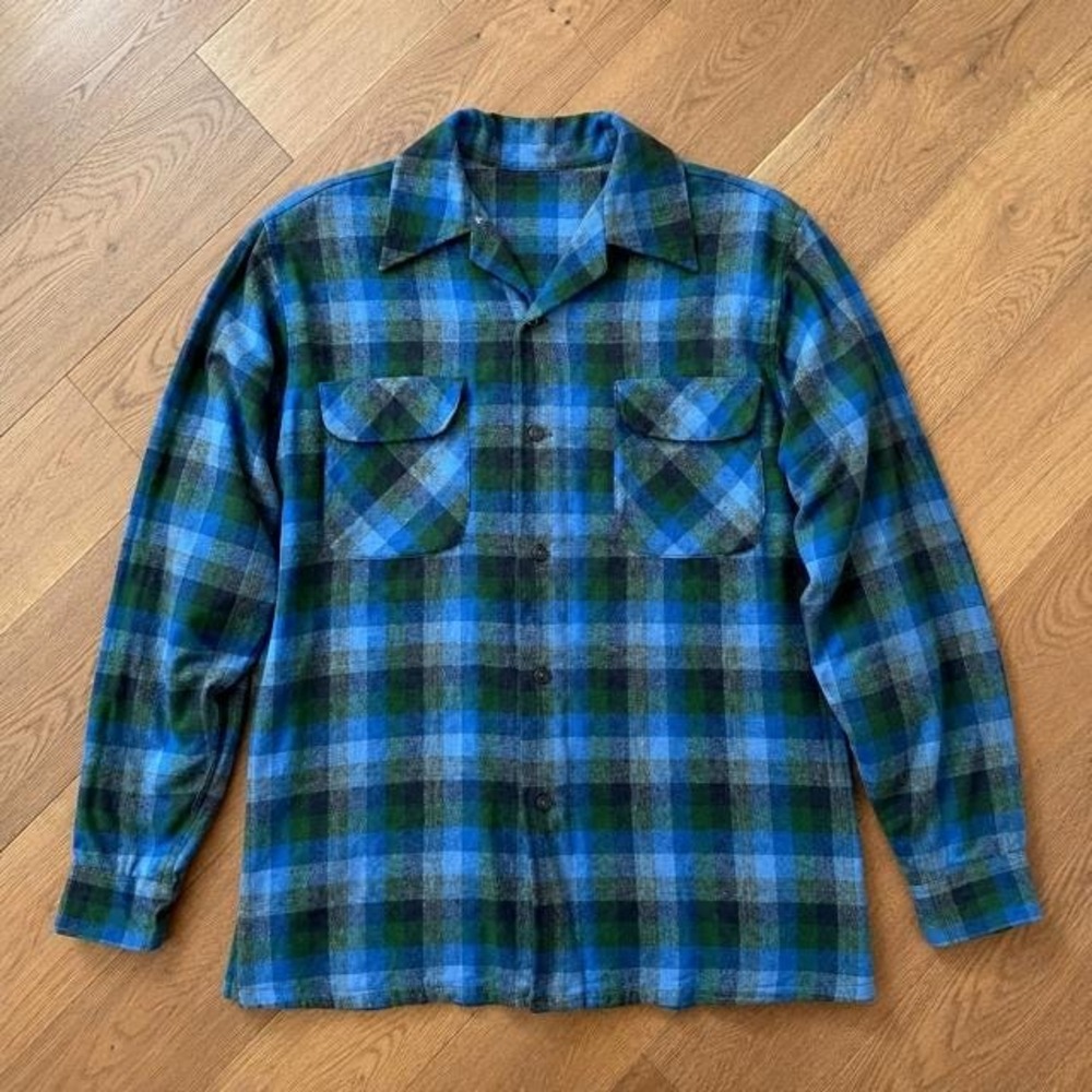 Vintage 60s Pendleton Board Shirt Mens Large Wool Plaid Loop Collar Blue